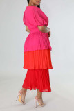 Rose Red Casual Elegant Solid Patchwork Fold O Neck Cake Skirt Dresses