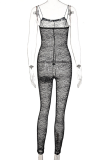 Black Sexy Solid Lace Spaghetti Strap Skinny Jumpsuits