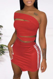 Red Fashion Casual Patchwork Hollowed Out Backless Sleeveless Two Pieces