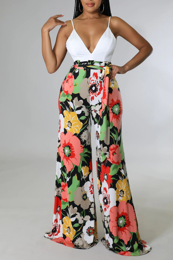 Colour Sexy Print Patchwork Backless Straight Jumpsuits