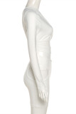 White Fashion Sexy Solid Hollowed Out Oblique Collar Long Sleeve Dresses