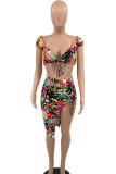 Red Sexy Sweet Print Bandage Patchwork V Neck Short Sleeve Two Pieces