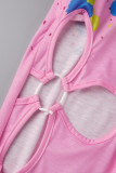 Pink Fashion Casual Print Bandage Hollowed Out O Neck Short Sleeve Two Pieces