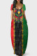 Red Green Fashion Casual Print Patchwork V Neck Short Sleeve Dress