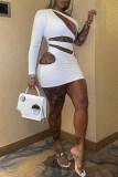 White Fashion Sexy Solid Hollowed Out Oblique Collar Long Sleeve Dresses