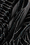 Black Fashion Sexy Patchwork Hot Drilling See-through Half A Turtleneck Long Sleeve Dresses