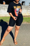 Black Casual Print Patchwork O Neck Short Sleeve Two Pieces