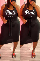 Black Fashion Casual Plus Size Letter Print Basic U Neck Vest Dress