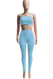 Light Blue Sexy Sportswear Solid Patchwork Spaghetti Strap Sleeveless Two Pieces