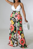 Colour Sexy Print Patchwork Backless Straight Jumpsuits