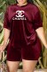 Burgundy Fashion Casual Print Letter O Neck Short Sleeve Two Pieces