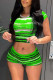 Green Fashion Casual Striped Print Basic O Neck Short Sleeve Two Pieces