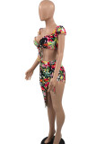 Red Sexy Sweet Print Bandage Patchwork V Neck Short Sleeve Two Pieces