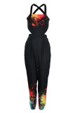Black Sexy Casual Print Bandage Backless Spaghetti Strap Regular Jumpsuits