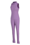 Blue Fashion Casual Solid Patchwork Slit Turtleneck Sleeveless Two Pieces