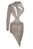 Apricot Fashion Sexy Patchwork Hot Drilling Hollowed Out Backless Half A Turtleneck Irregular Dress