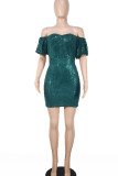 Green Elegant Solid Sequins Patchwork Off the Shoulder One Step Skirt Dresses