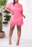 White Fashion Casual Solid Patchwork Feathers O Neck T-shirt Dress Dresses