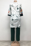 Yellow Fashion Casual Print Patchwork Asymmetrical O Neck Three Quarter Two Pieces