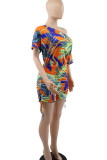 Multicolor Casual Print Patchwork Oblique Collar Straight Rompers