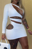 White Fashion Sexy Solid Hollowed Out Oblique Collar Long Sleeve Dresses