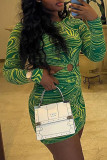 Green Sexy Print Hollowed Out Patchwork O Neck Pencil Skirt Dresses