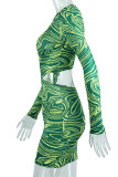 Green Sexy Print Hollowed Out Patchwork O Neck Pencil Skirt Dresses