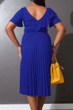 Blue Casual Solid Patchwork Flounce Fold Asymmetrical Collar Straight Dresses
