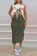Army Green Fashion Casual Print Slit O Neck Sleeveless Two Pieces