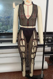Black Sexy Solid Bandage Hollowed Out Patchwork V Neck Sleeveless Two Pieces