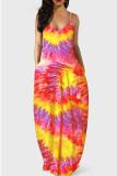 Turquoise Fashion Sexy Casual Print Backless Spaghetti Strap Long Dress