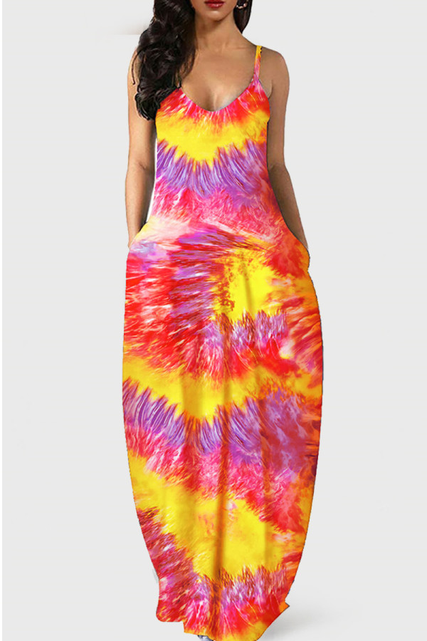Tangerine Red Fashion Sexy Casual Print Backless Spaghetti Strap Long Dress