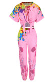 Pink Fashion Casual Print Bandage Hollowed Out O Neck Short Sleeve Two Pieces