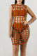 Coffee Fashion Sexy Solid Hollowed Out Patchwork Beading O Neck Straight Dresses Three Pieces