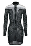 Black Fashion Sexy Patchwork Hot Drilling See-through Half A Turtleneck Long Sleeve Dresses