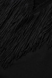 Black Fashion Sexy Patchwork Tassel See-through Asymmetrical O Neck Long Sleeve Dresses