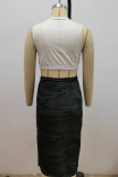 Army Green Fashion Casual Print Slit O Neck Sleeveless Two Pieces