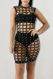 Red Fashion Sexy Solid Hollowed Out Patchwork Beading O Neck Straight Dresses Three Pieces