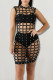 Black Fashion Sexy Solid Hollowed Out Patchwork Beading O Neck Straight Dresses Three Pieces