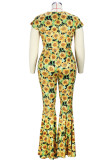 Yellow Casual Print Patchwork Draw String Fold V Neck Plus Size Two Pieces
