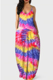 Turquoise Fashion Sexy Casual Print Backless Spaghetti Strap Long Dress