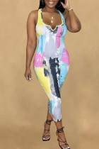Powder Blue Sexy Print Patchwork U Neck One Step Skirt Dresses