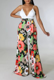 Colour Sexy Print Patchwork Backless Straight Jumpsuits