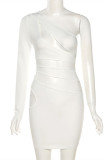 White Fashion Sexy Solid Hollowed Out Oblique Collar Long Sleeve Dresses