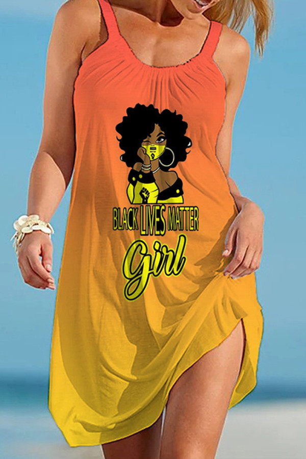 Orange Fashion Casual Print Basic O Neck Vest Dress