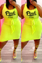 Fluorescent Yellow Fashion Casual Plus Size Letter Print Basic U Neck Vest Dress