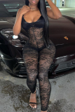Black Sexy Solid Lace Spaghetti Strap Skinny Jumpsuits
