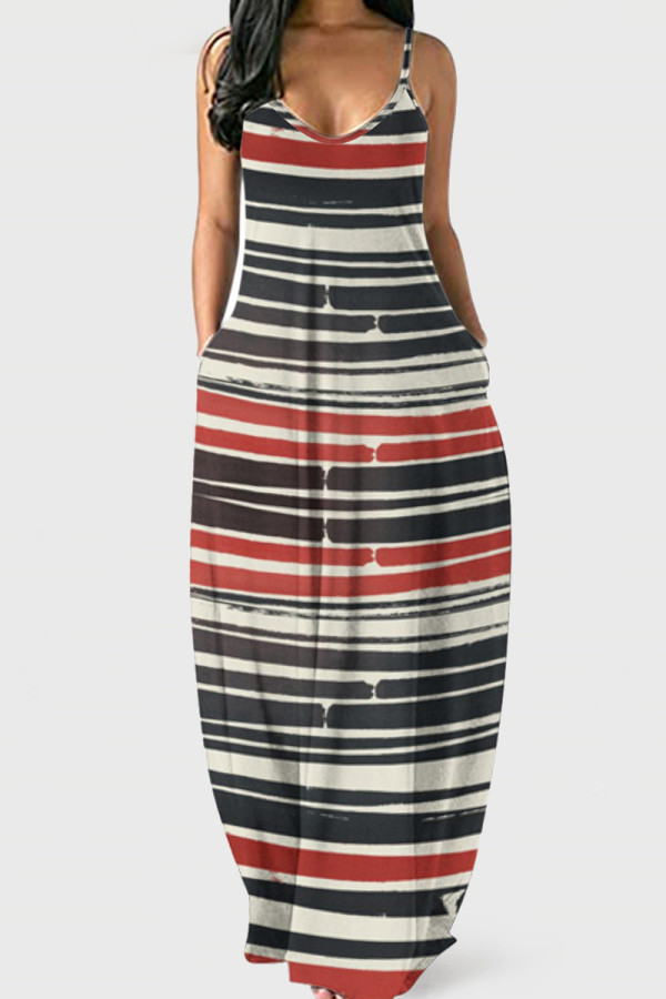 Black Red Fashion Sexy Casual Print Backless Spaghetti Strap Long Dress