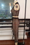 Black Sexy Solid Bandage Hollowed Out Patchwork V Neck Sleeveless Two Pieces