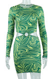 Green Sexy Print Hollowed Out Patchwork O Neck Pencil Skirt Dresses